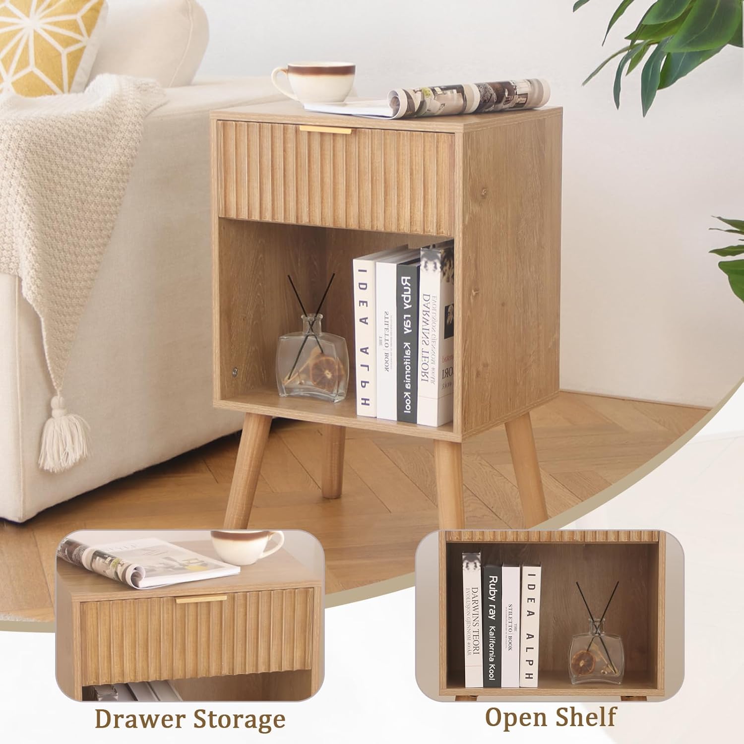 Wood Nightstand with Charging Station, Bedside Table with Fluted Drawers and Outlet, Boho Night Stand for Bedroom, Living Room, Office (Rustic Walnut)